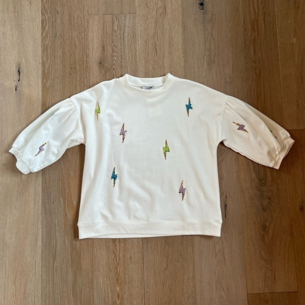 Fate Embroidered Sequin Rainbow Lightning Puff Sleeve Sweatshirt White NWT